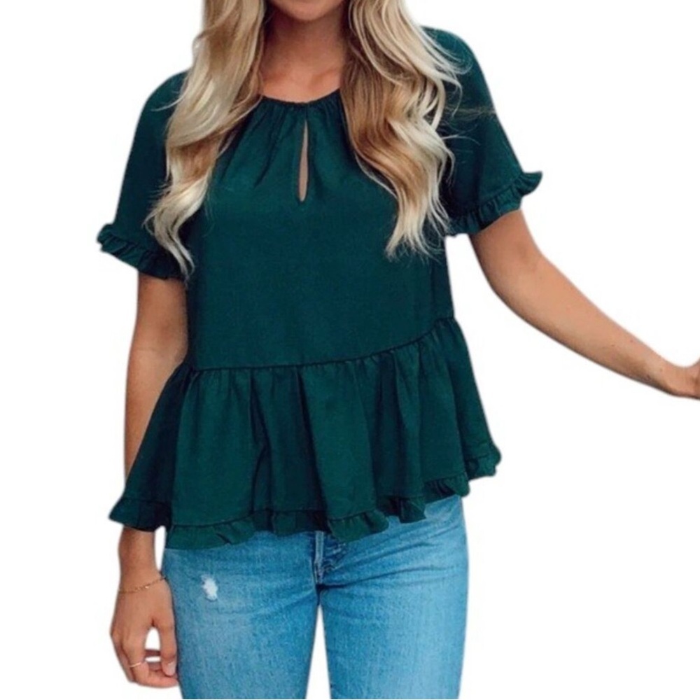 Madewell Stanza Ruffle Hem Top Green Peplum Blouse XS